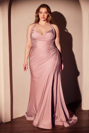 CURVY STETCH SATIN HALTER FITTED DRESS