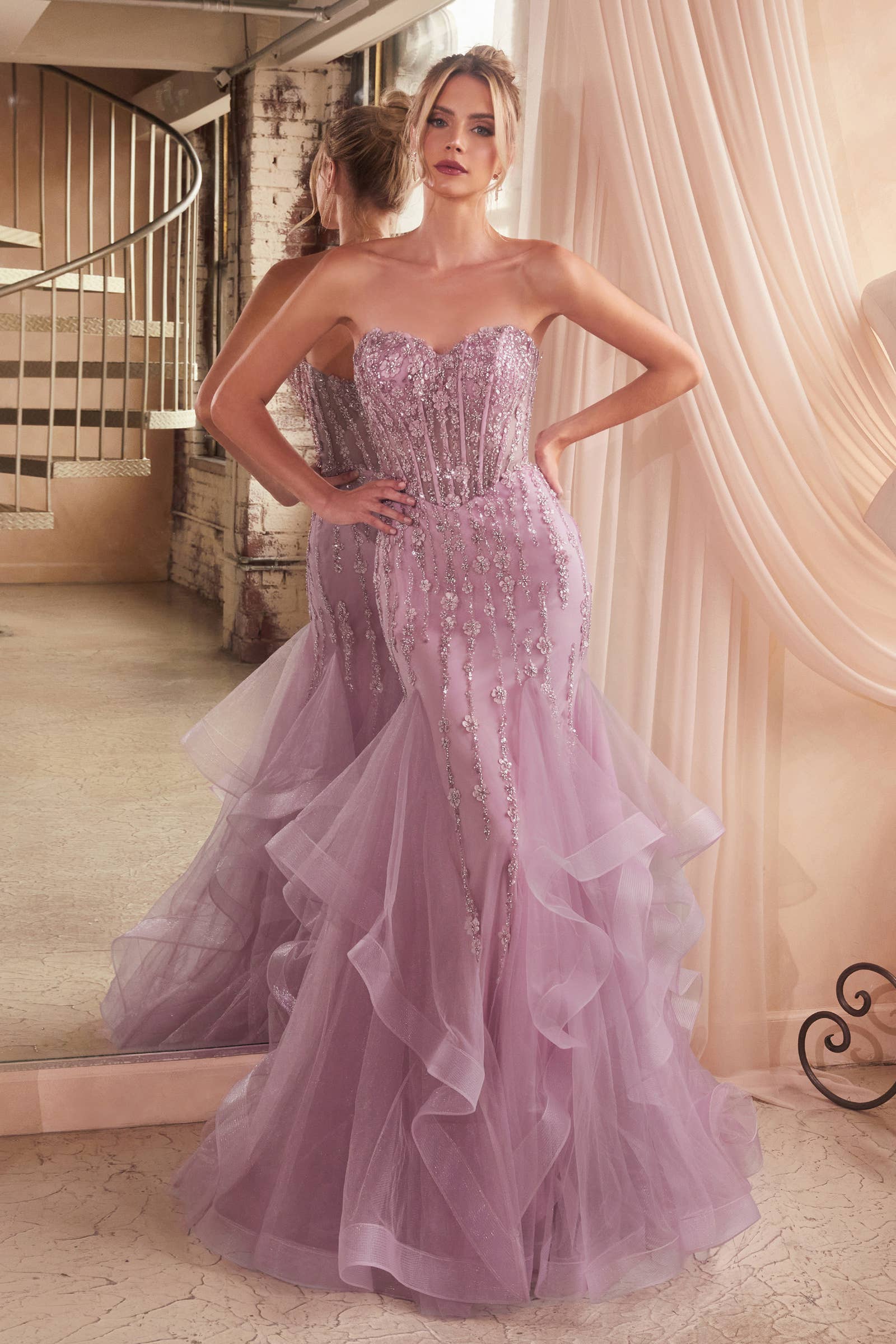 TIERED MERMAID GOWN WITH EMBELLISHMENTS