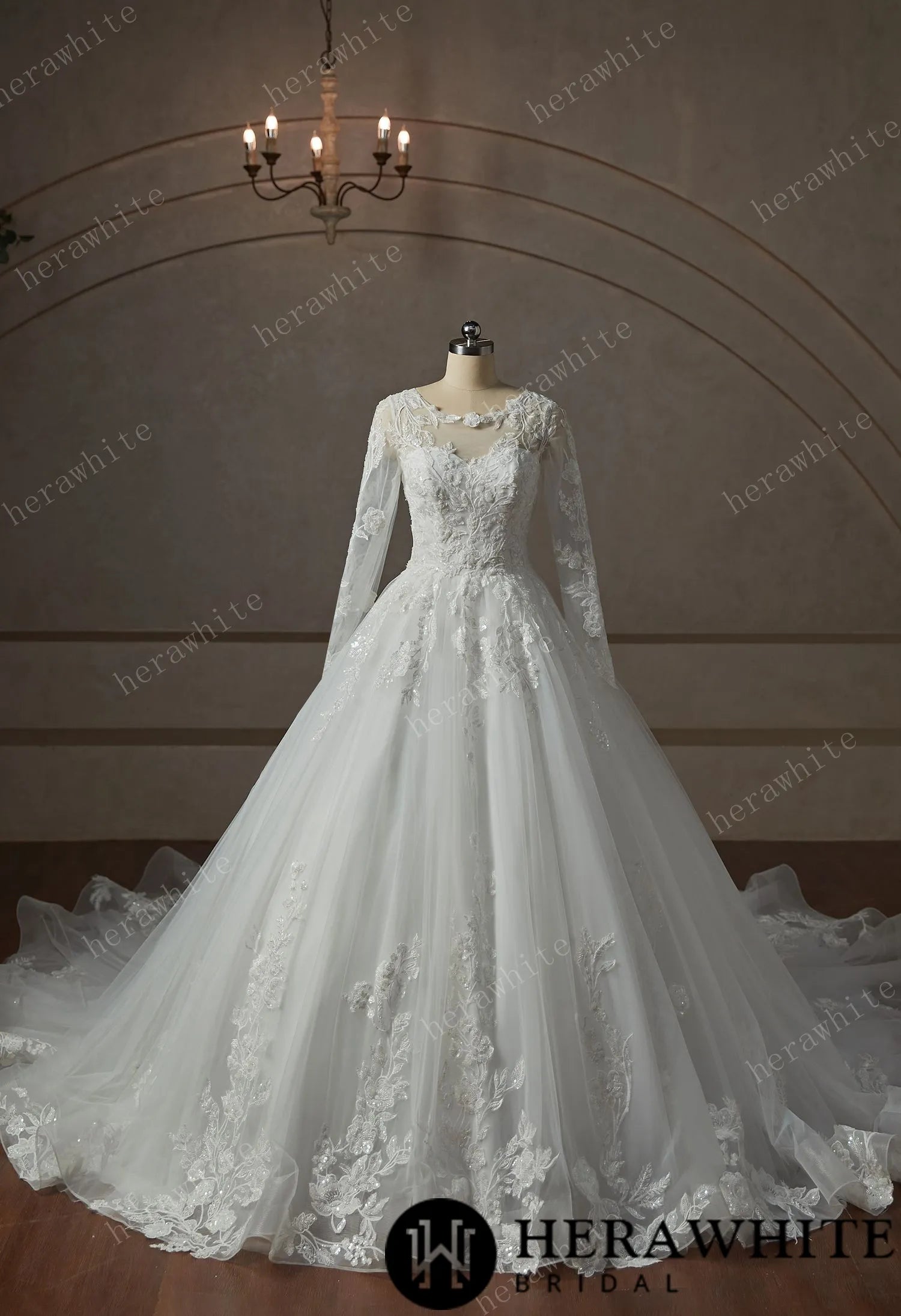 Modest Beaded Lace With Long Illusion Sleeves Ball Gown Wedding Dress