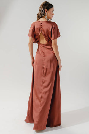 Darling Flutter Sleeve Cut Out Satin Maxi Dress: Champagne / S
