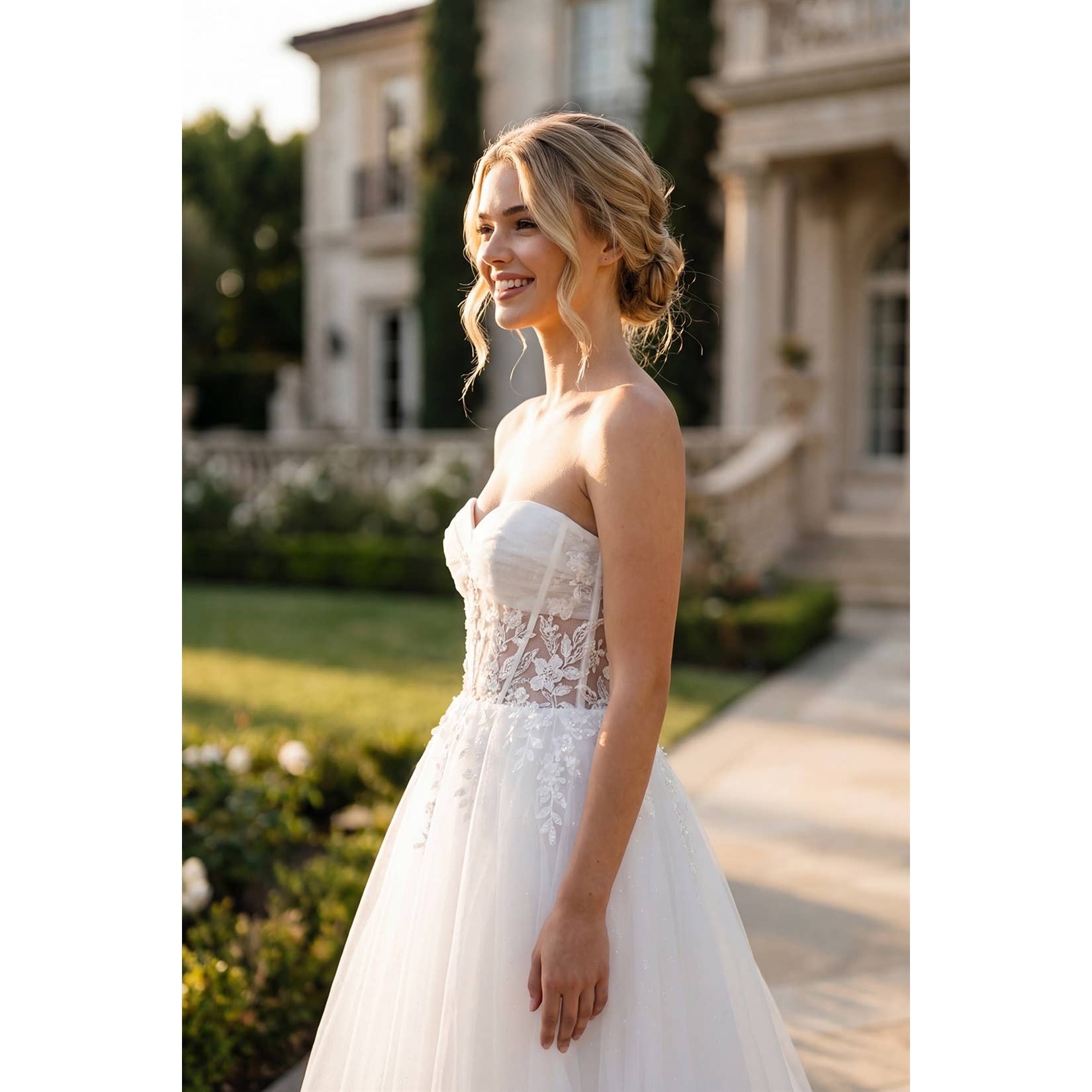 MESH STRAPLESS GOWN WITH SHEER EMBROIDERED LACE WAIST