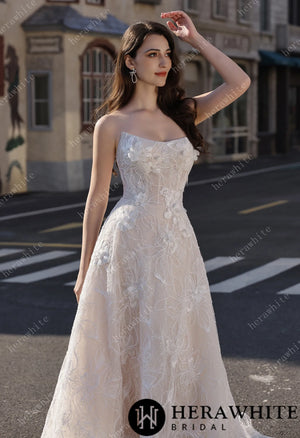 Strapless Sparkle Lace Bridal Gown with 3D Flowers HW3812