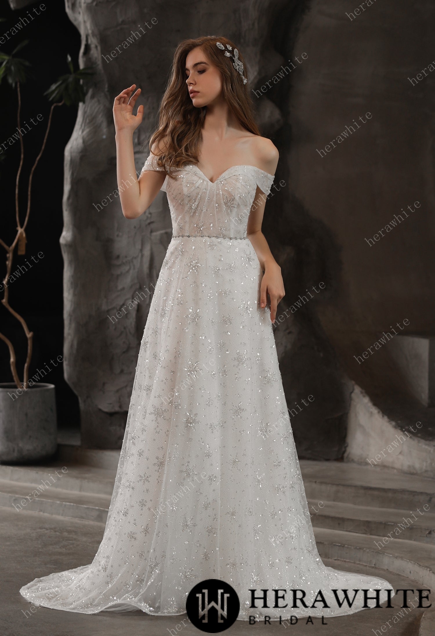 Sparkly Beaded Lace A-Line Bridal Gown With Off the Shoulder Neckline