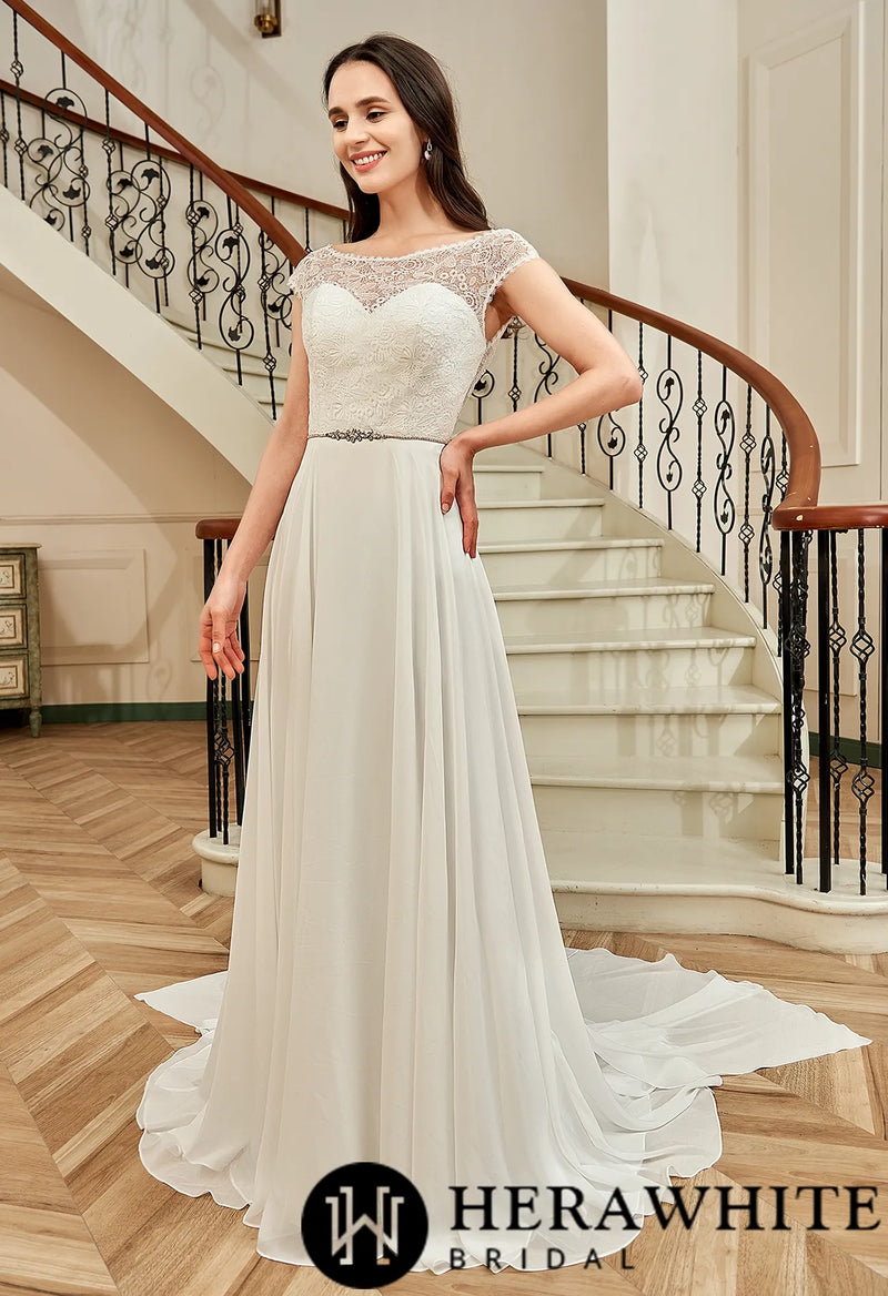 Cap Sleeve Chiffon A-Line Wedding Dress With Detachable Train