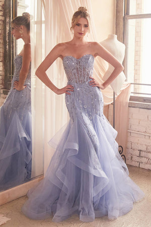 TIERED MERMAID GOWN WITH EMBELLISHMENTS
