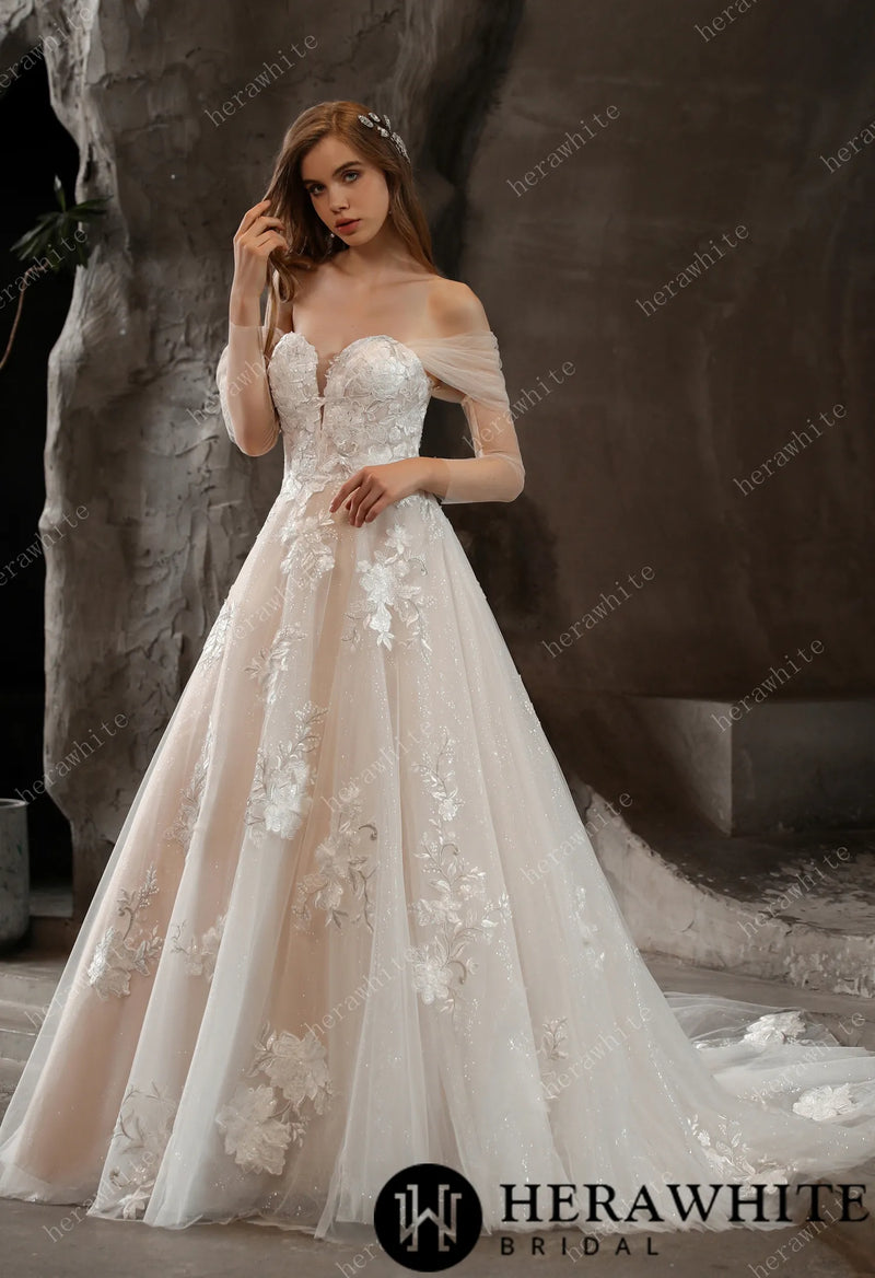 Off-the-Shoulder Romantic Wedding Ball Gown with Glamorous Floral Motifs