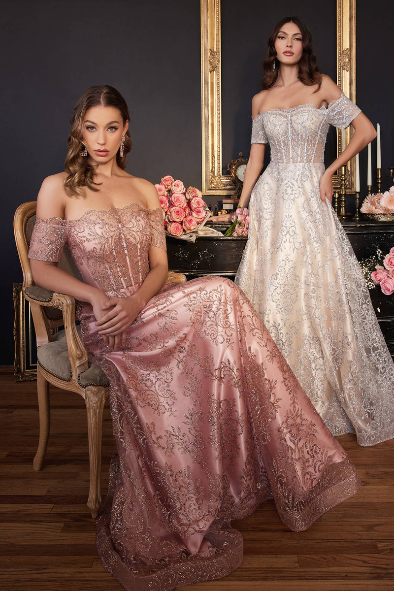 OFF THE SHOULDER GLITTER PRINT A-LINE GOWN