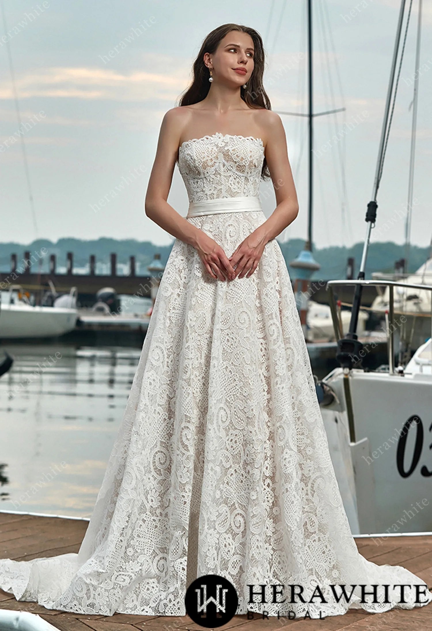 Strapless Lace Wedding Dress with Belt and Detachable Bow – Forever & Always