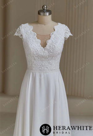 V neckline Wedding Dress with Chiffon Skirt