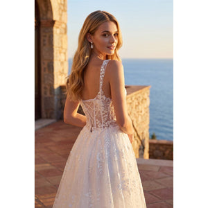 SLEEVELESS GOWN WITH LACE CORSET AND SKIRT