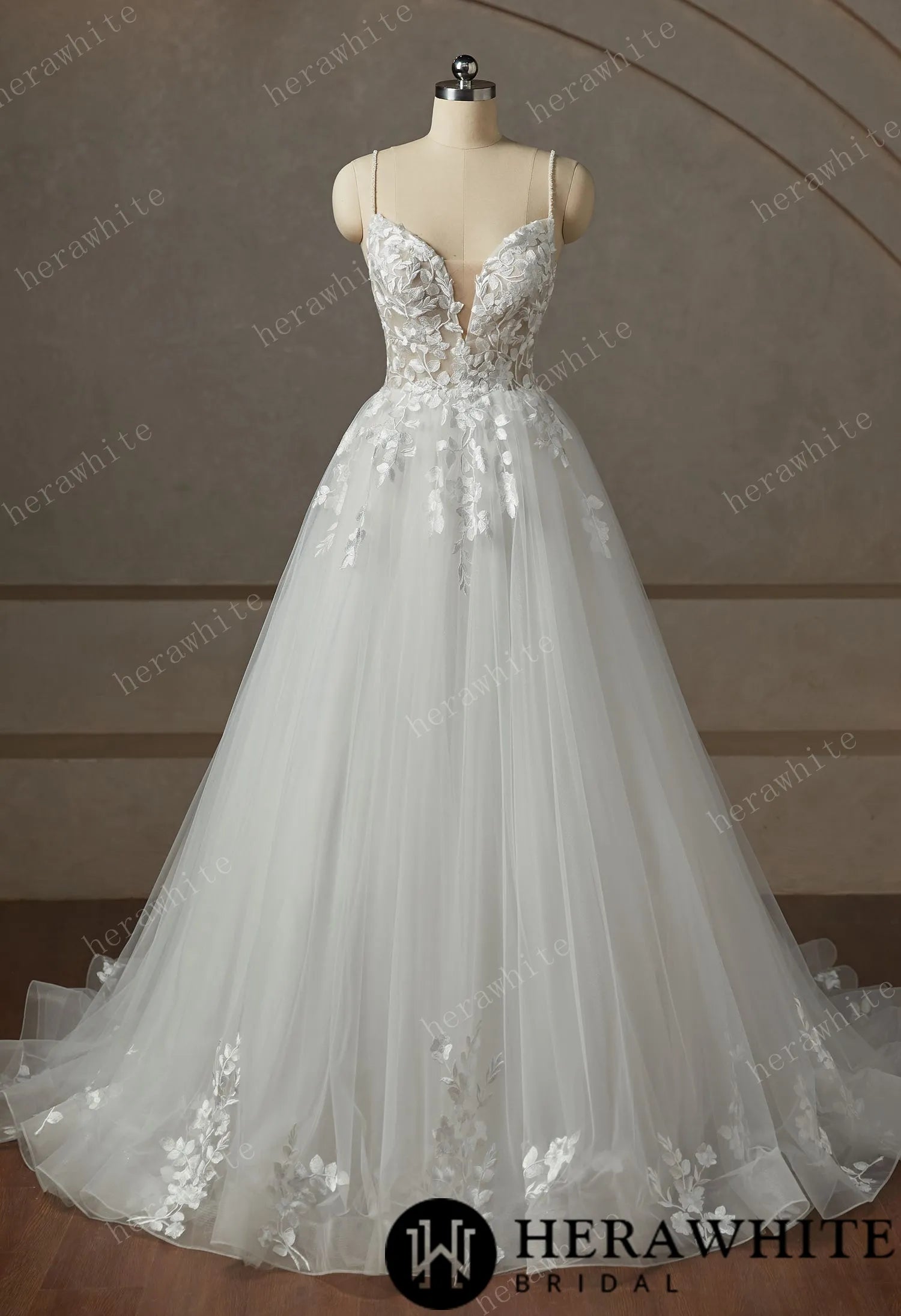 Beaded Strap Lace Tulle Wedding Dress