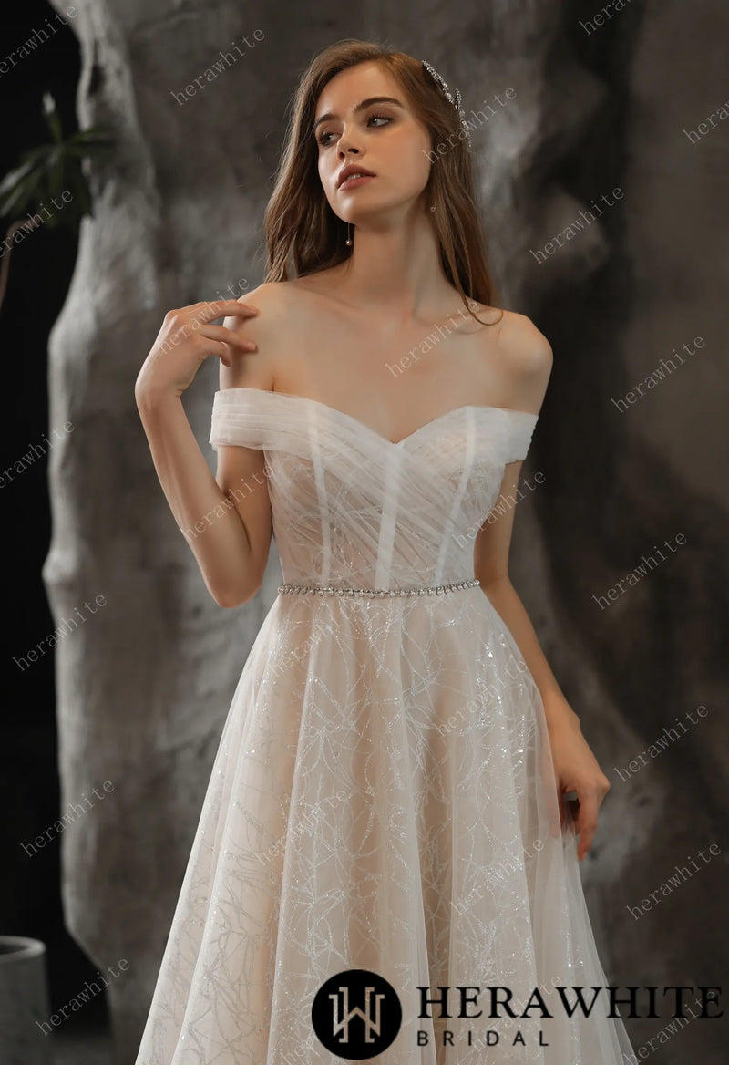 Shimmer Off-the-shoulder Neckline A-line Tulle Wedding Dress