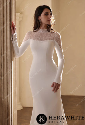 Sparkling Sheer High-Neck Beaded Mesh Long Sleeves Crepe Gown HW3855