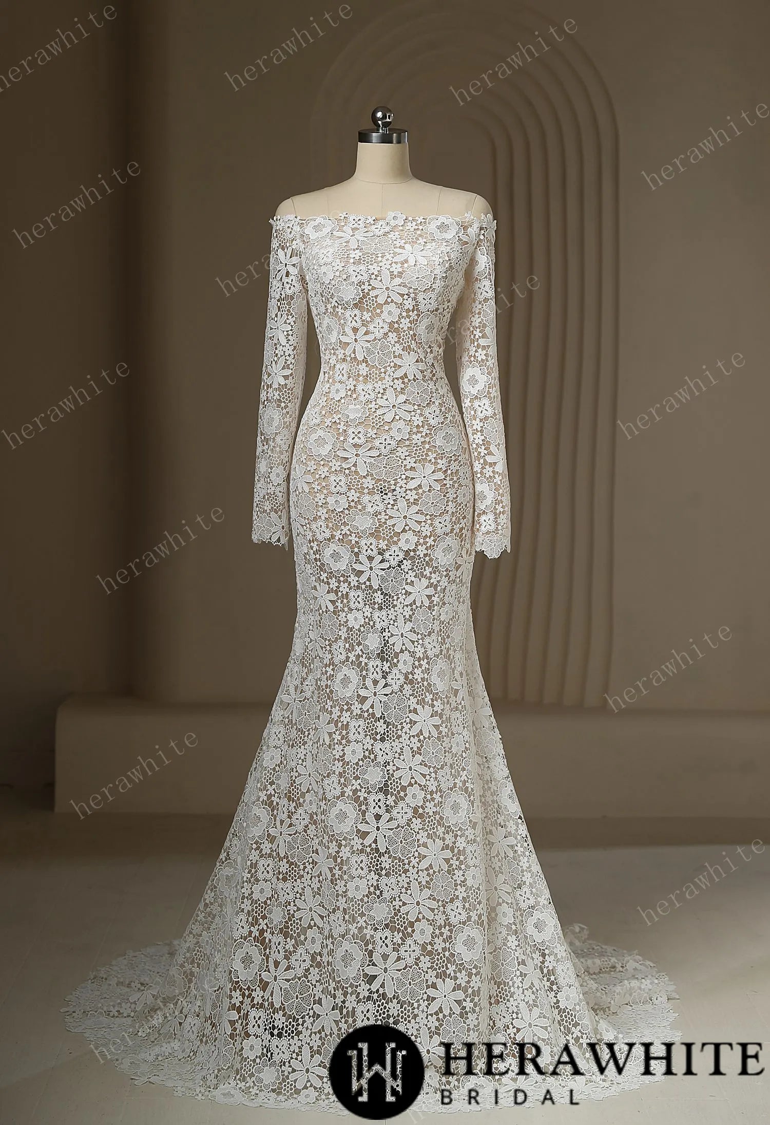 Unique Illusion Off The Shoulder Sheer Lace Wedding Dress