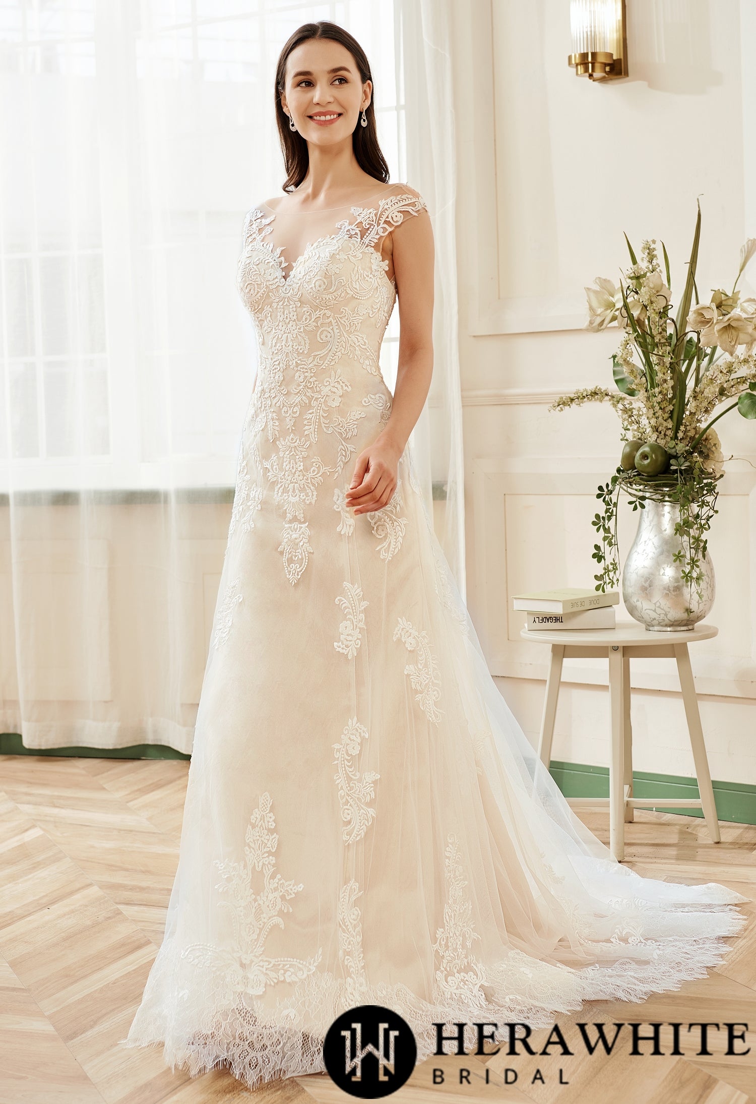 Stunning Illusion Lace Bateau Neckline With Cap Sleeve Wedding Gown
