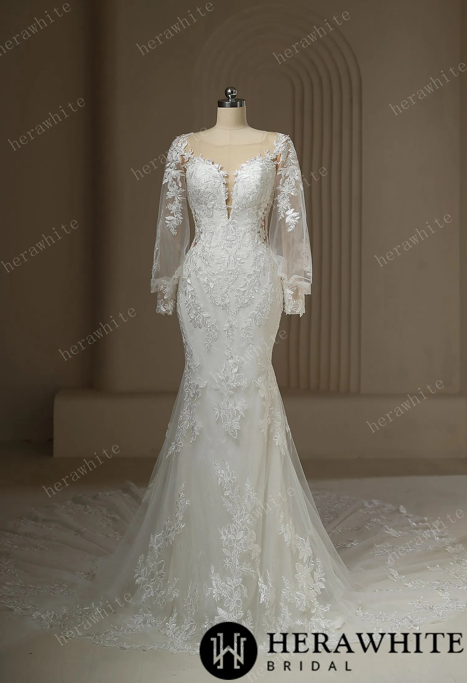 Long Train Mermaid Bridal Lace Wedding Dress With Plunging Neckline