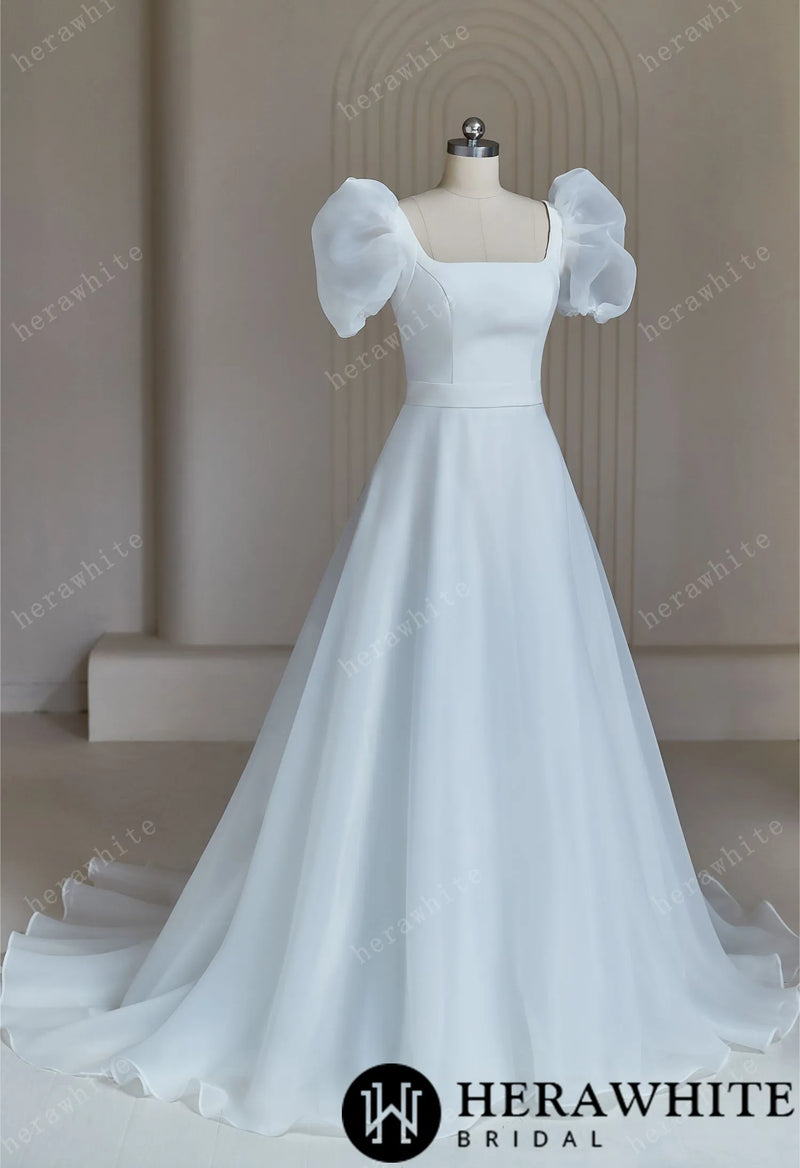 Elegant Wedding Dress With Puff Short Sleeve