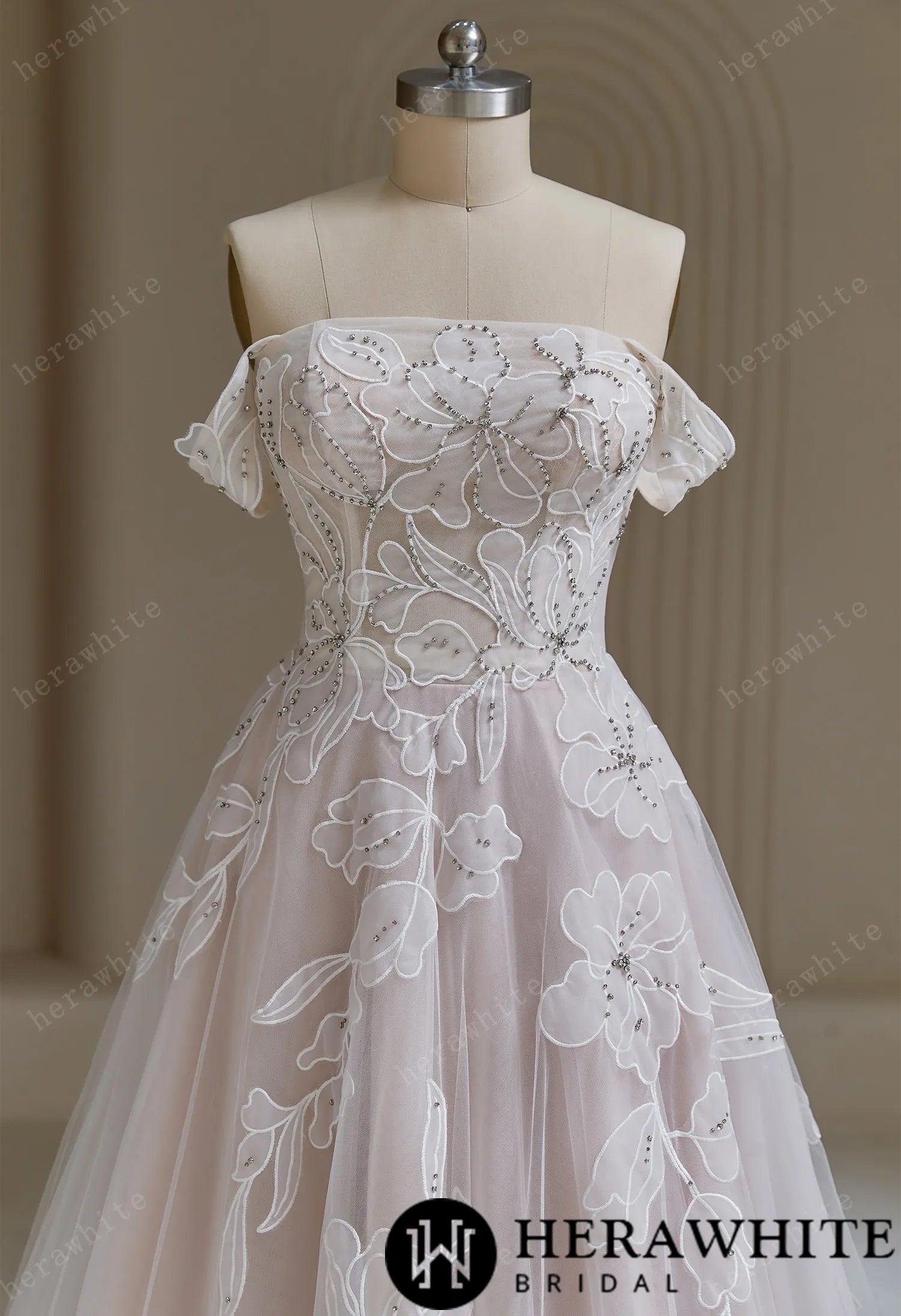 Romantic Off The Shoulder Tulle Floral Lace A-line Wedding Dress