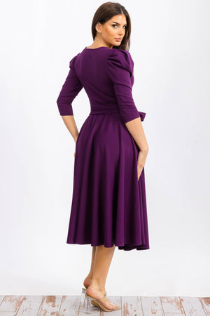 HH698X-LS-S - PUFF 3/4 SLEEVE MIDI COCKTAIL DRESS