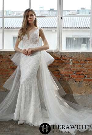 Allover Beaded Sheath Wedding Dress with a Ruffled Skirt