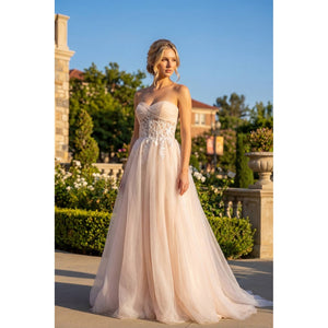 MESH STRAPLESS GOWN WITH SHEER EMBROIDERED LACE WAIST