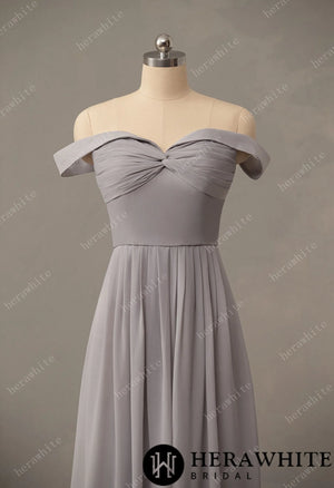 Off The Shoulder Chiffon Bridesmaid Dresses Long Split A-Line Floor Length Ruched Pleated Lace up