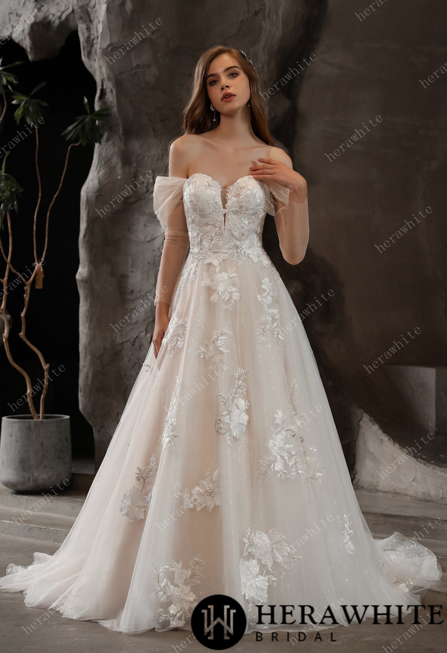 Off-the-Shoulder Romantic Wedding Ball Gown with Glamorous Floral Motifs