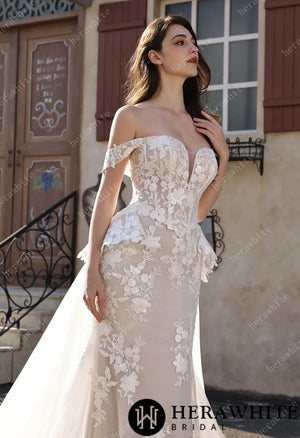 Couture Off-the-Shoulder Floral Lace Mermaid Gown With Detachable Overskirt HW3801-O