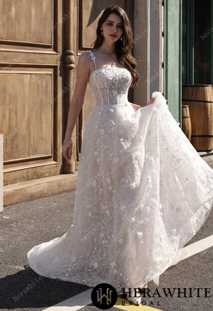 3D Floral Sparkle Lace  Wedding Dress With Straight Across Neckline HW3833