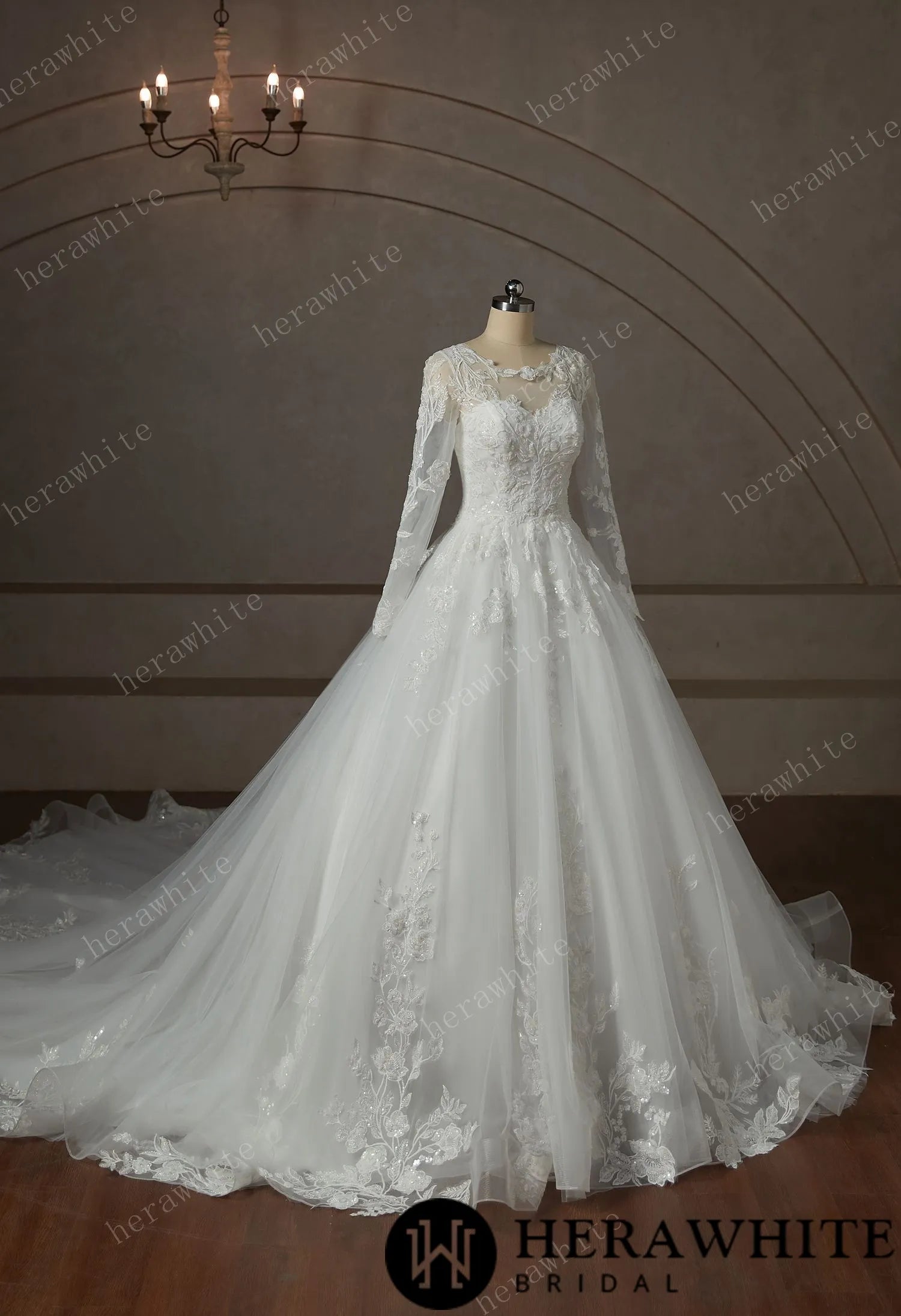 Modest Beaded Lace With Long Illusion Sleeves Ball Gown Wedding Dress