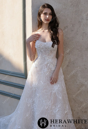 Strapless Sparkle Lace Bridal Gown with 3D Flowers HW3812