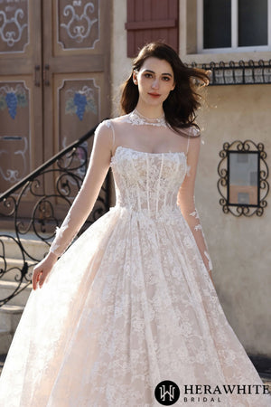 Ethereal Cat Eye Neckline Lace Ballgown Wedding With 3-D Flower Accents HW3817