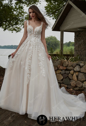 Appliques Tulle V-Neck Straps And Grace Wedding Dress