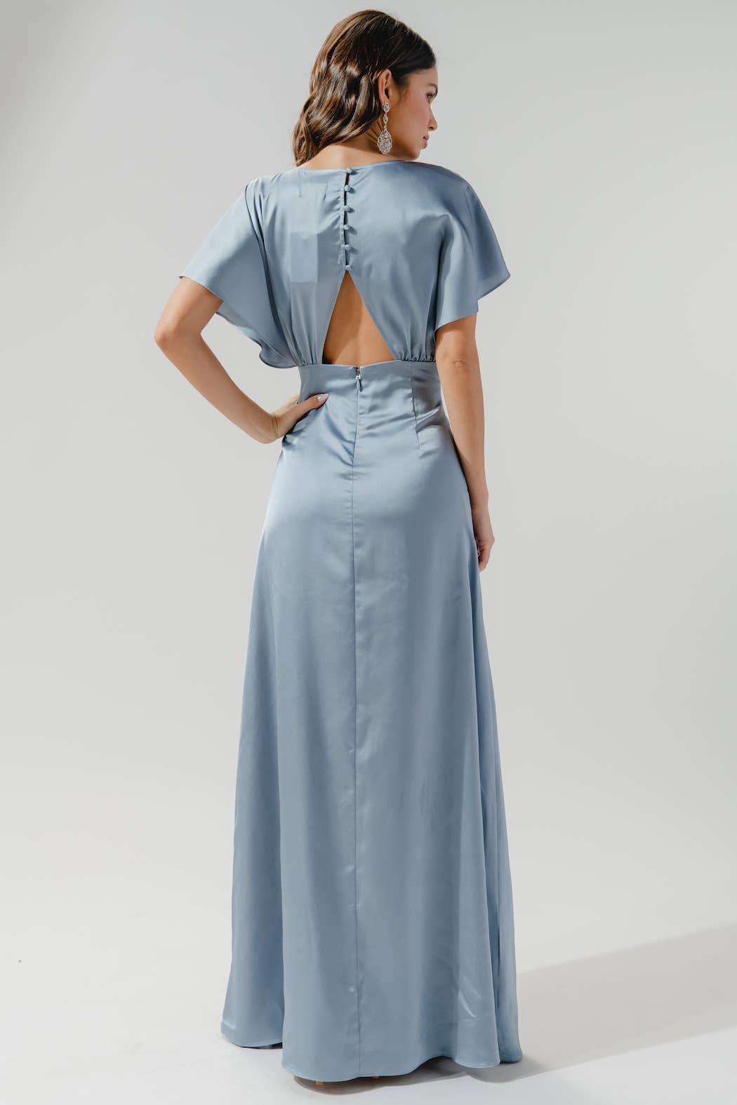 Darling Flutter Sleeve Cut Out Satin Maxi Dress: Champagne / S