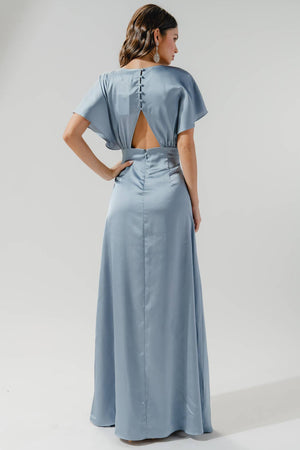 Darling Flutter Sleeve Cut Out Satin Maxi Dress: Champagne / S