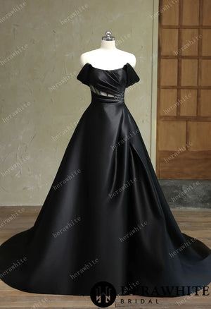 Modern Off Shoulder Grace Slit And Strapless Satin Black Wedding Dress