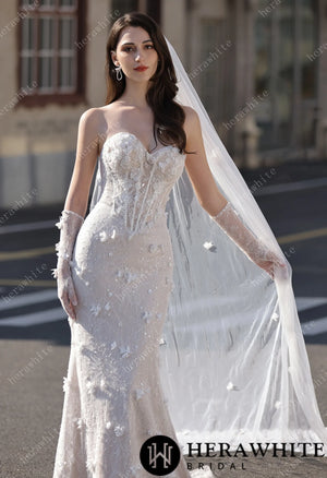 High Neck Lace Mermaid Bridal Gown with Buttons Placket HW3803-N+L