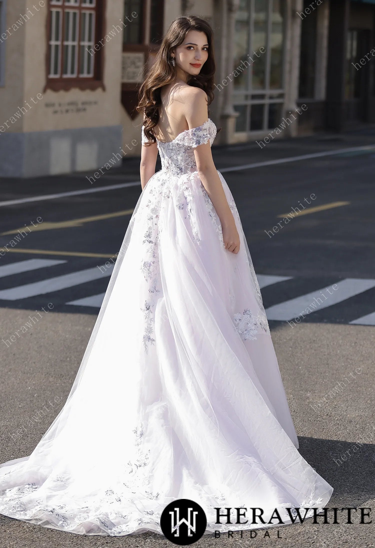 Floral Sheer-Bodice Bridal Gown with Asymmetric Ruffled Skirt HW3856