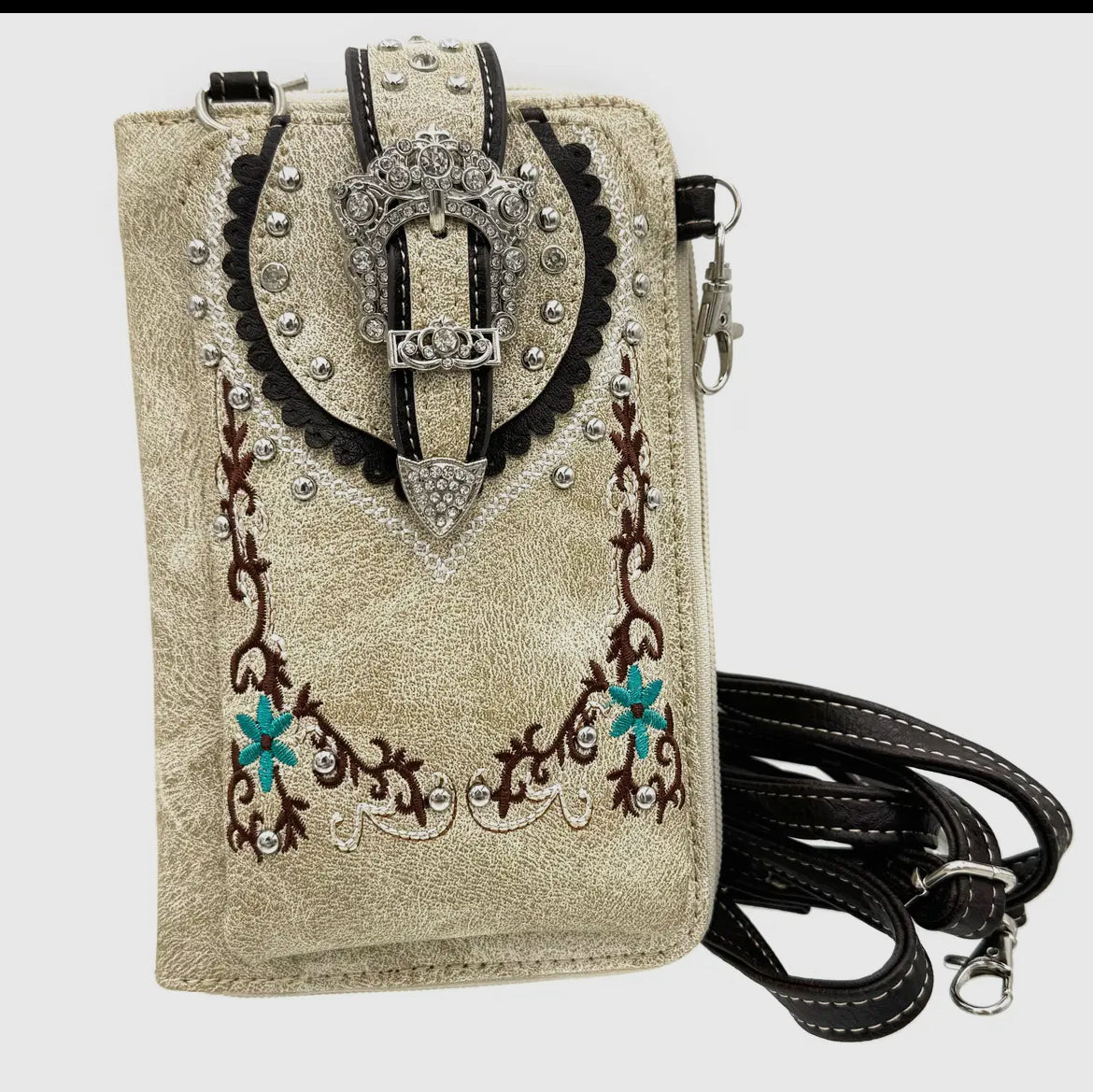 Crown buckle western embroidered phone wallet