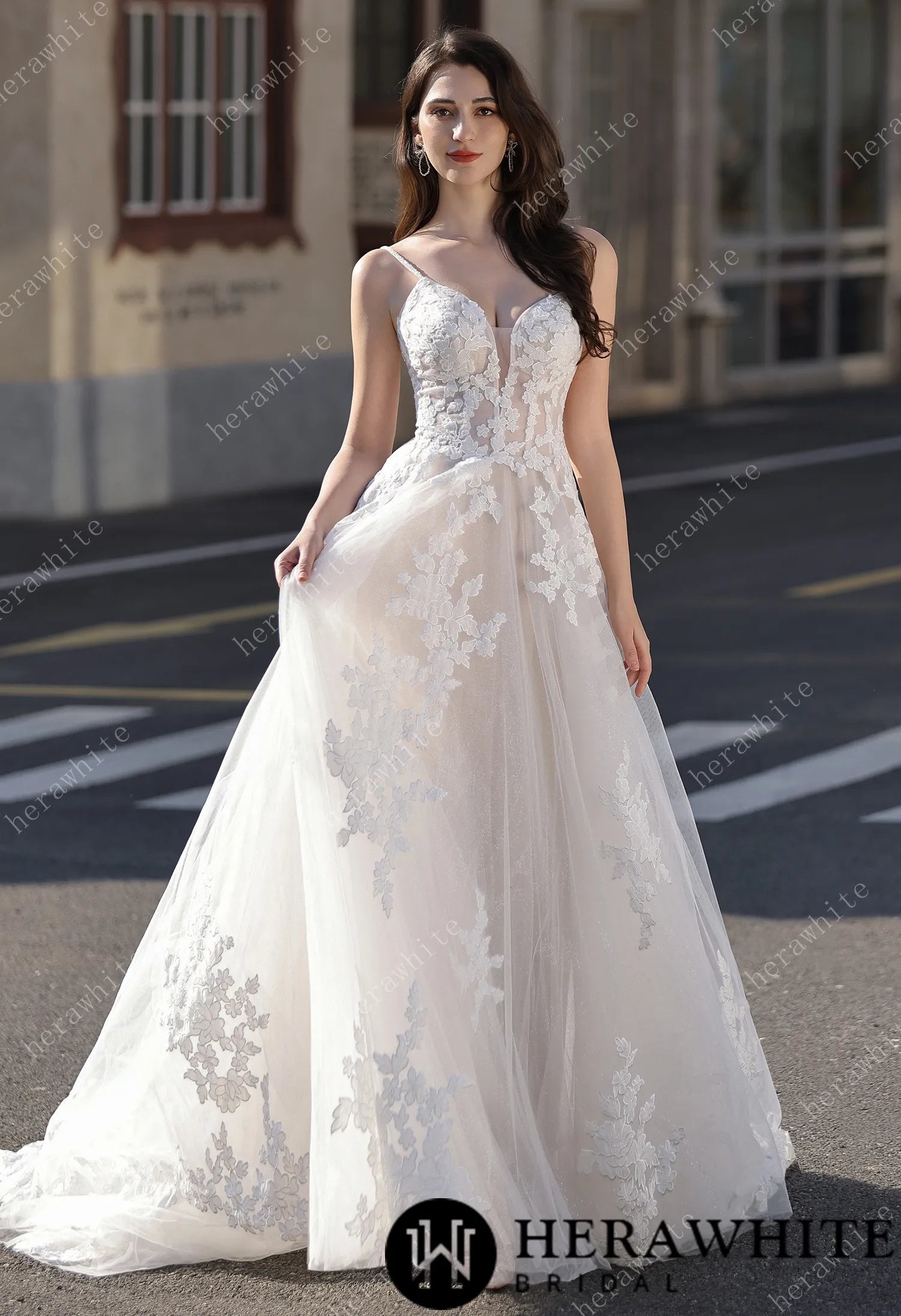 Spaghetti Strap Bridal Gown With Dramatic Lace Train HW3823
