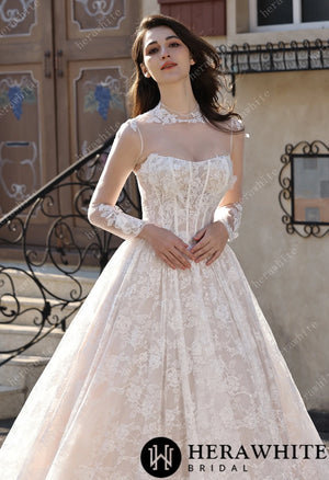 Ethereal Cat Eye Neckline Lace Ballgown Wedding With 3-D Flower Accents HW3817