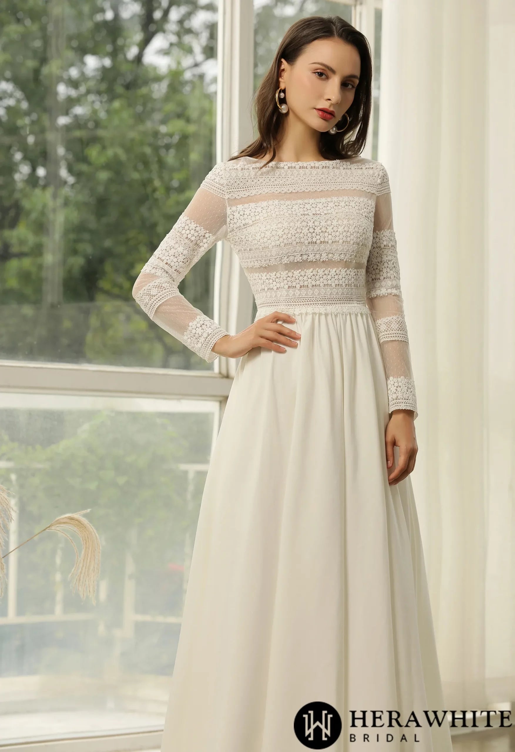 Long Sleeve Lace  A-line Boho Wedding Dress