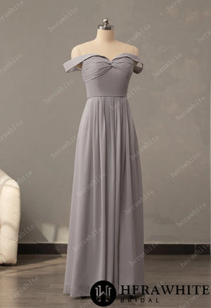 Off The Shoulder Chiffon Bridesmaid Dresses Long Split A-Line Floor Length Ruched Pleated Lace up