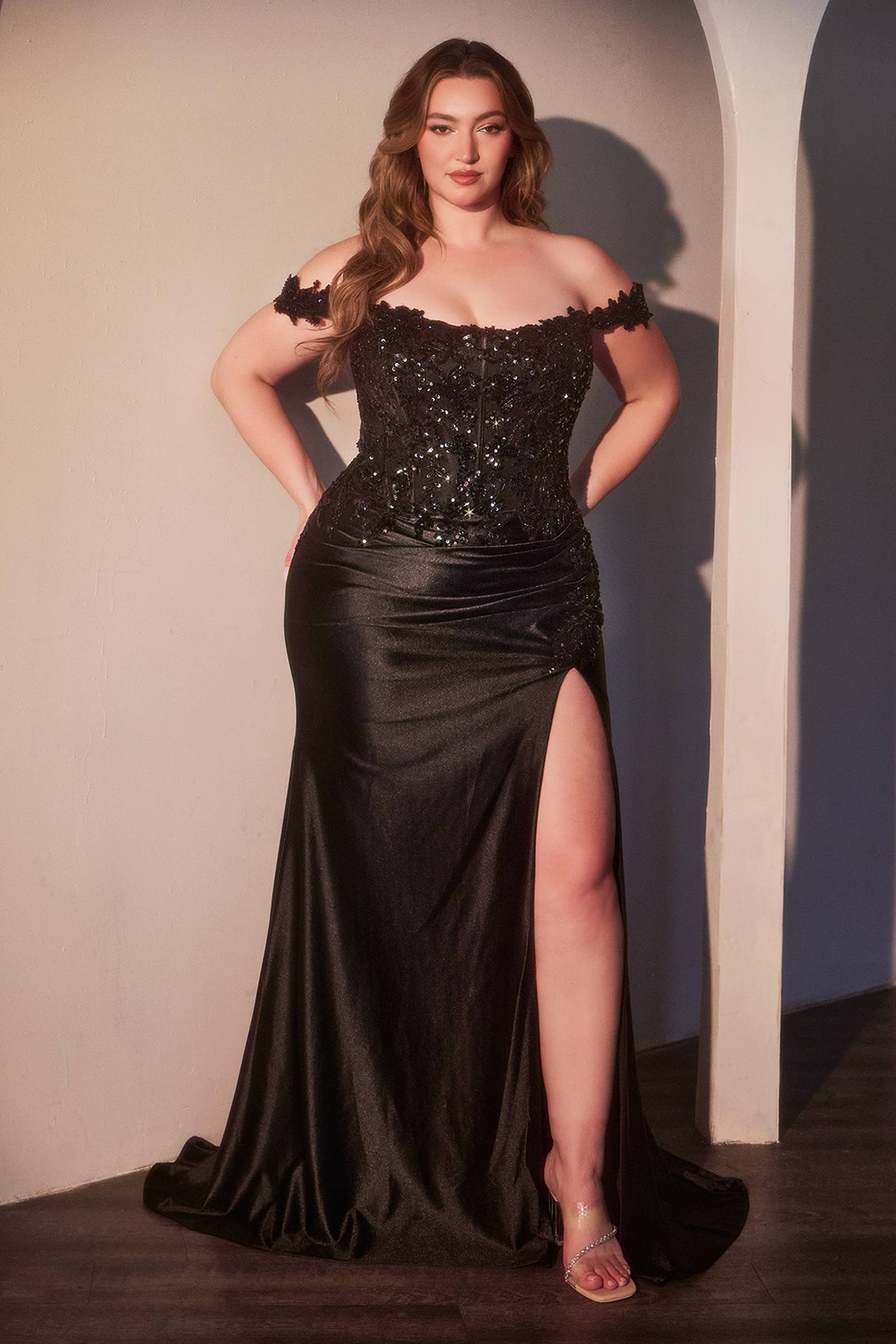OFF THE SHOULDER LACE & SATIN CURVE DRESS
