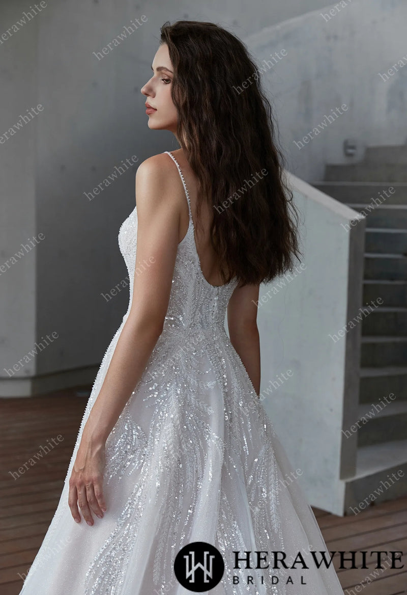 Sparkle Scoop Neckline Wedding Gown with Spaghetti Straps