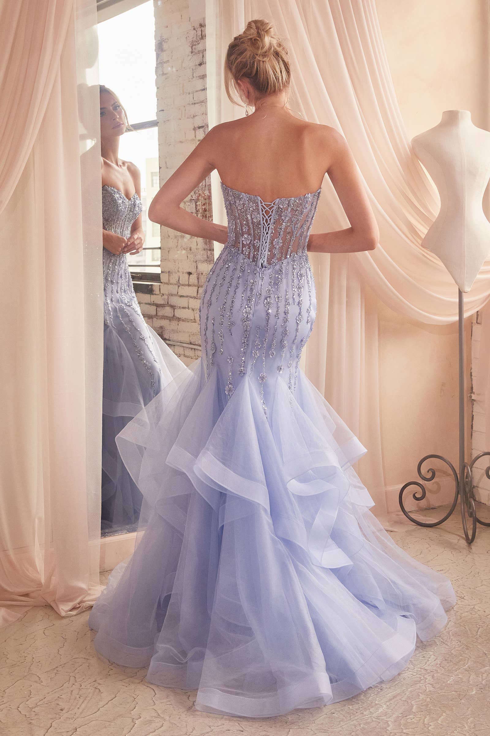 TIERED MERMAID GOWN WITH EMBELLISHMENTS