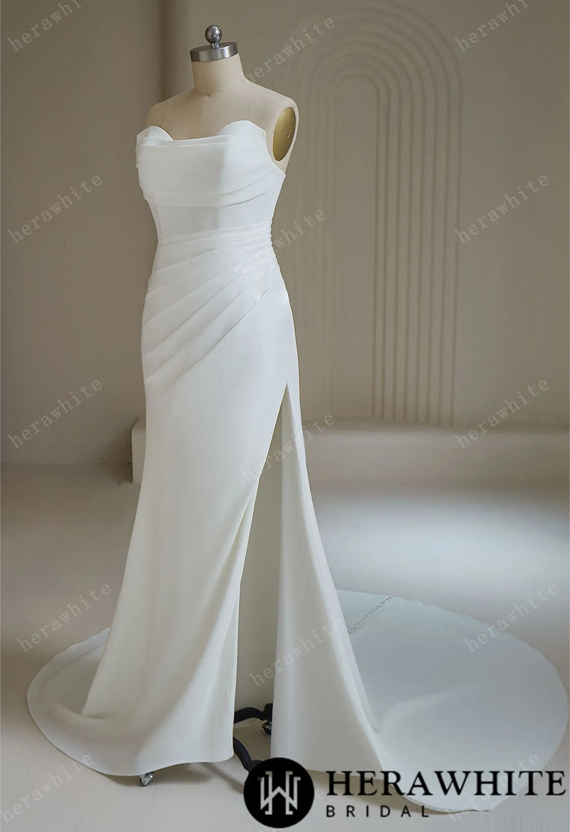 Simple Strapless Ruched with Slit Wedding Dress