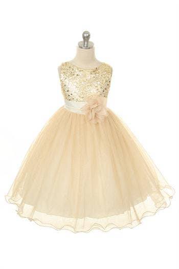 Sequin Party Girls Dress with 3D Mesh Flower and Sash