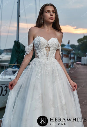 Hollow Appliques Off Shoulder And Sweetheart Wedding Dress