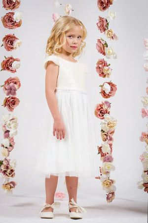 Ivory Sequin Mesh Pleated Girl Dress with Plus Sizes